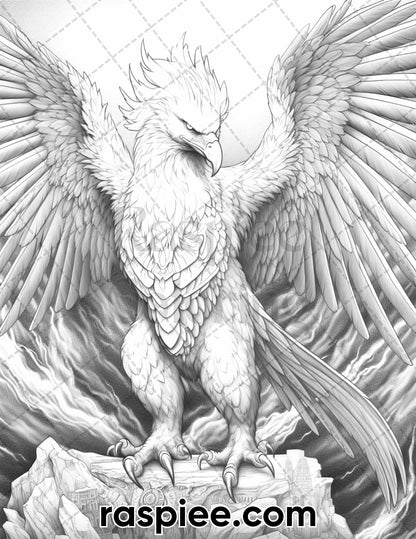 60 Mythical Creatures Grayscale Coloring Pages for Adults, Printable PDF Instant Download