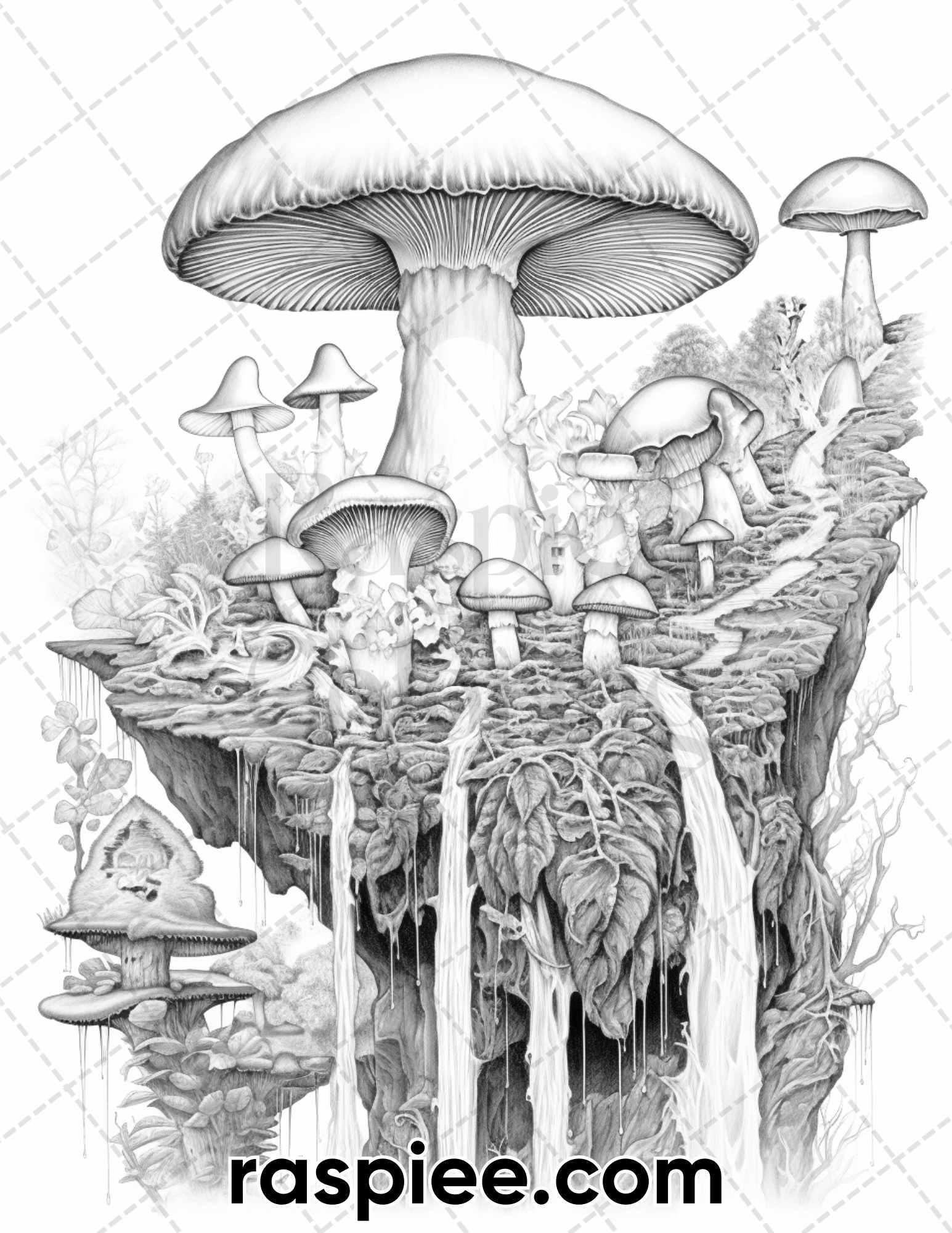50 Fantasy Mushroom Island Grayscale Coloring Pages for Adults, Printable PDF Instant Download