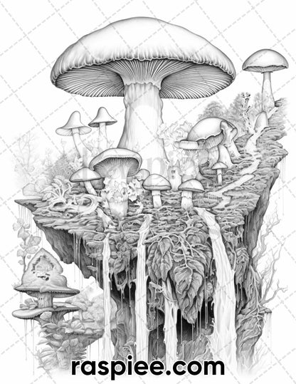 50 Fantasy Mushroom Island Grayscale Coloring Pages for Adults, Printable PDF Instant Download