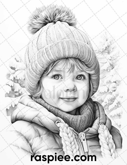 50 Baby Winter Portrait Grayscale Coloring Pages Printable for Adults, PDF File Instant Download