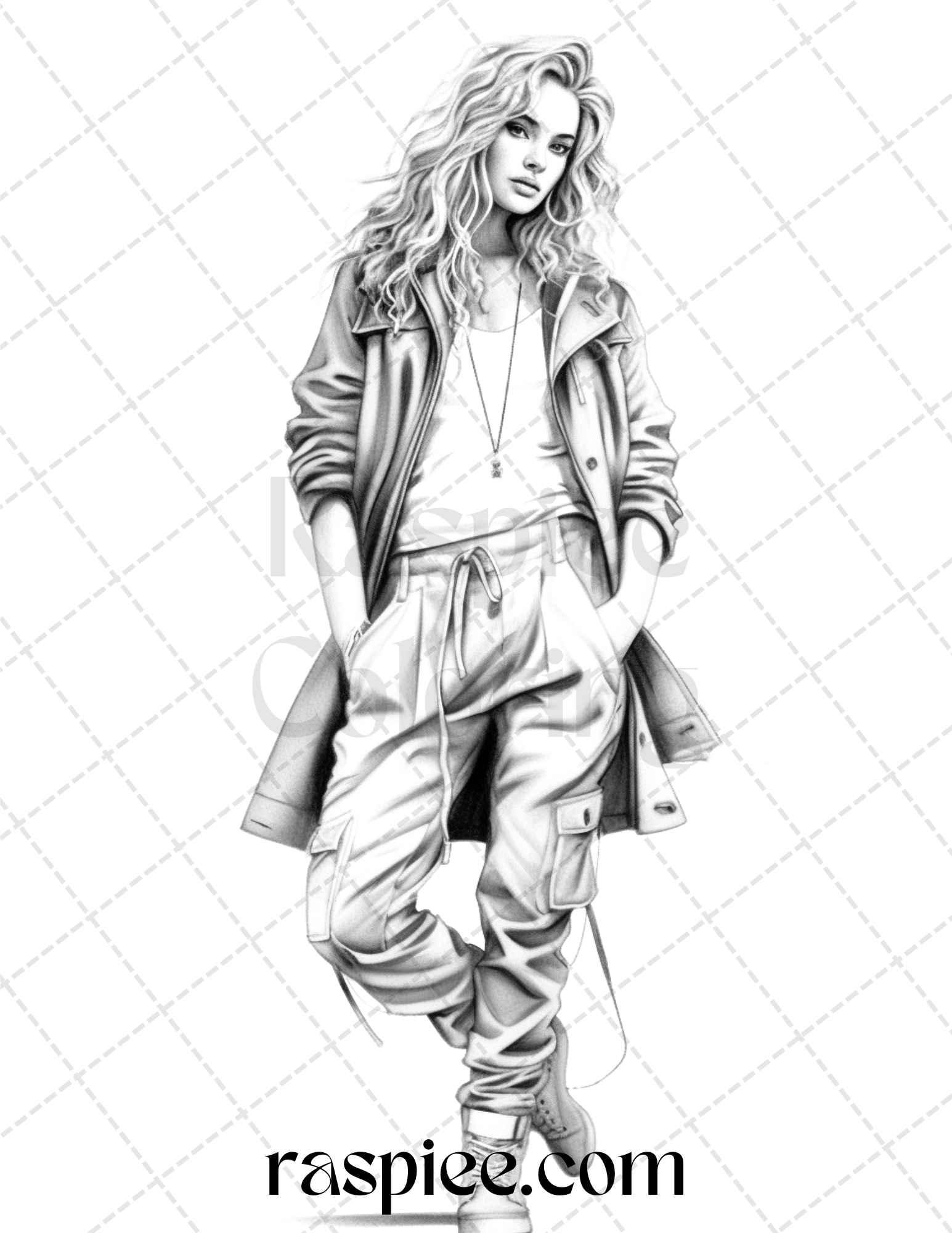 50 Streetwear Fashion Grayscale Coloring Pages Printable for Adults, PDF File Instant Download