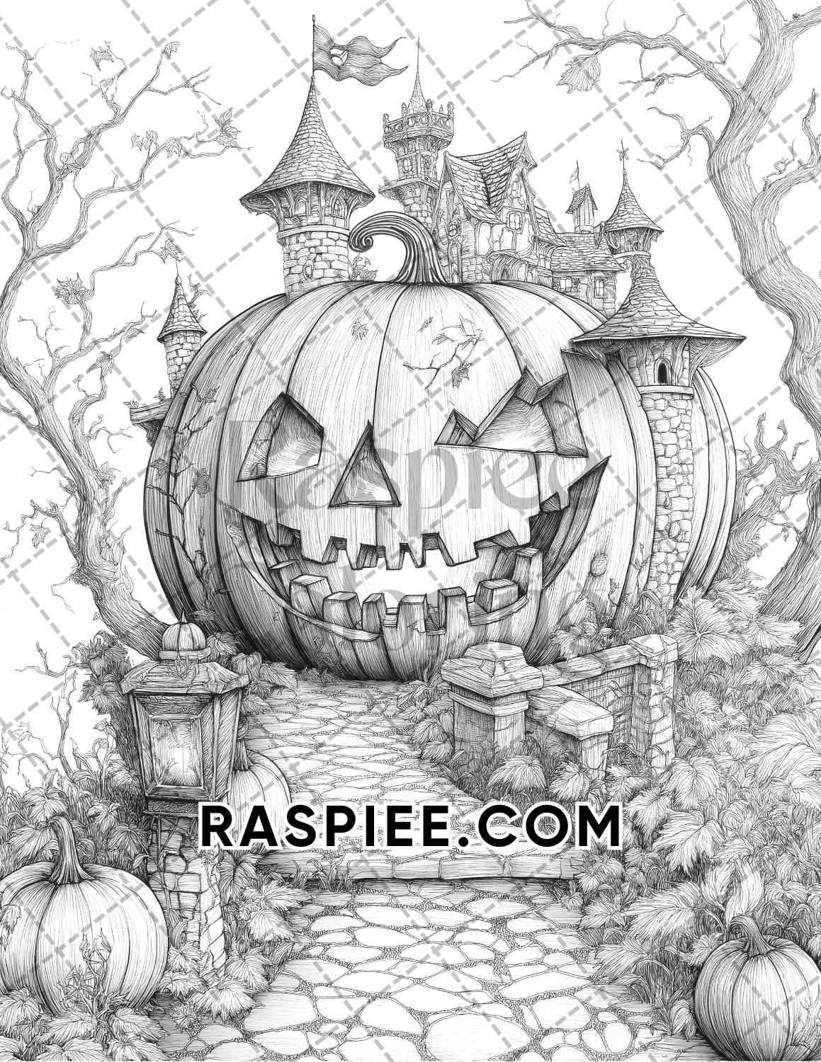 Fantasy Giant Pumpkin Castles Adult Coloring Pages Printable PDF Instant Download