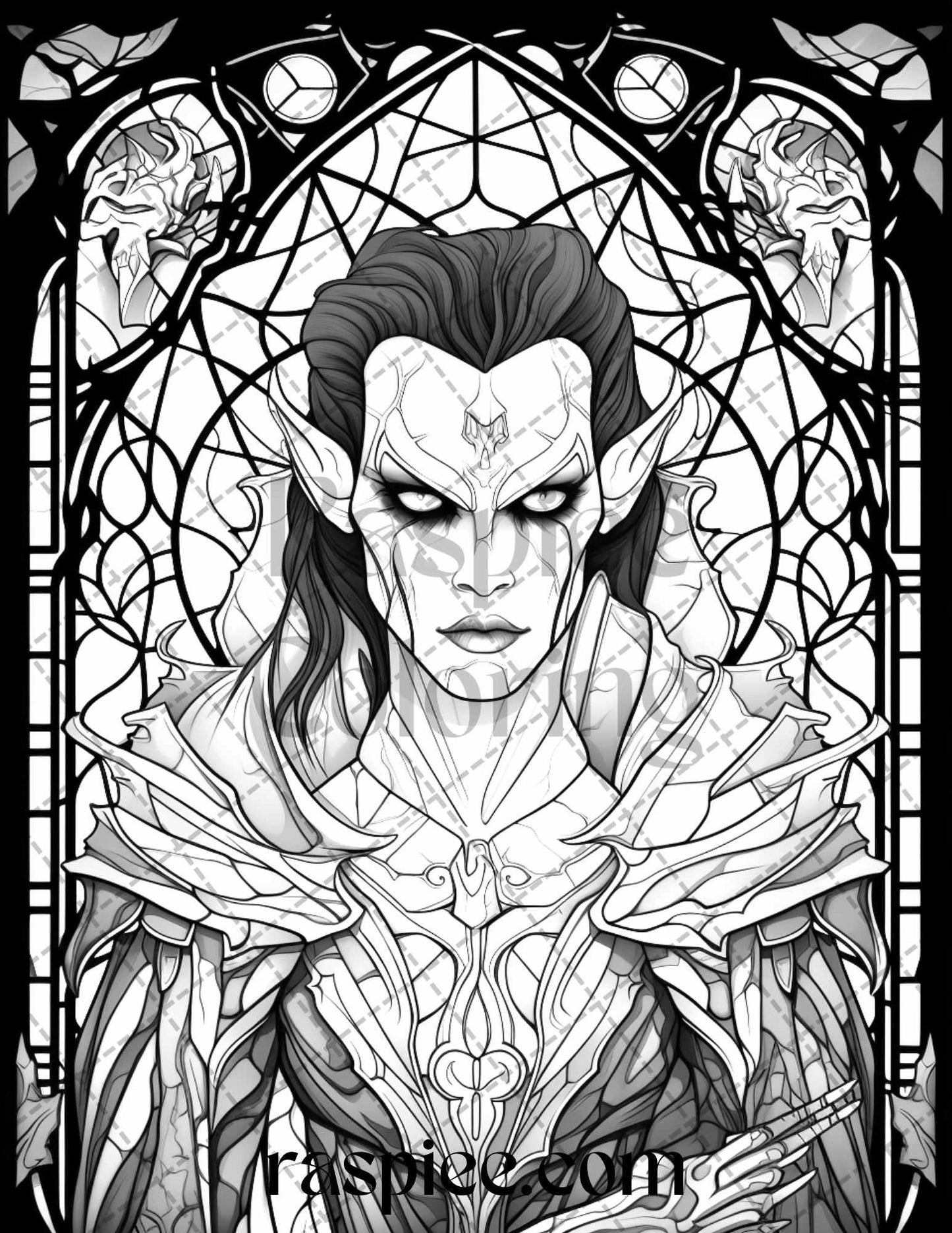 70 Halloween Stained Glass Grayscale Coloring Pages Printable for Adults, PDF File Instant Download