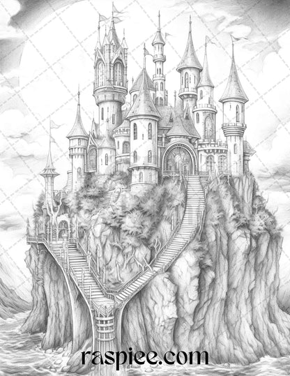 50 Haunted Castles Grayscale Coloring Pages Printable, Halloween Coloring Book, PDF File Instant Download