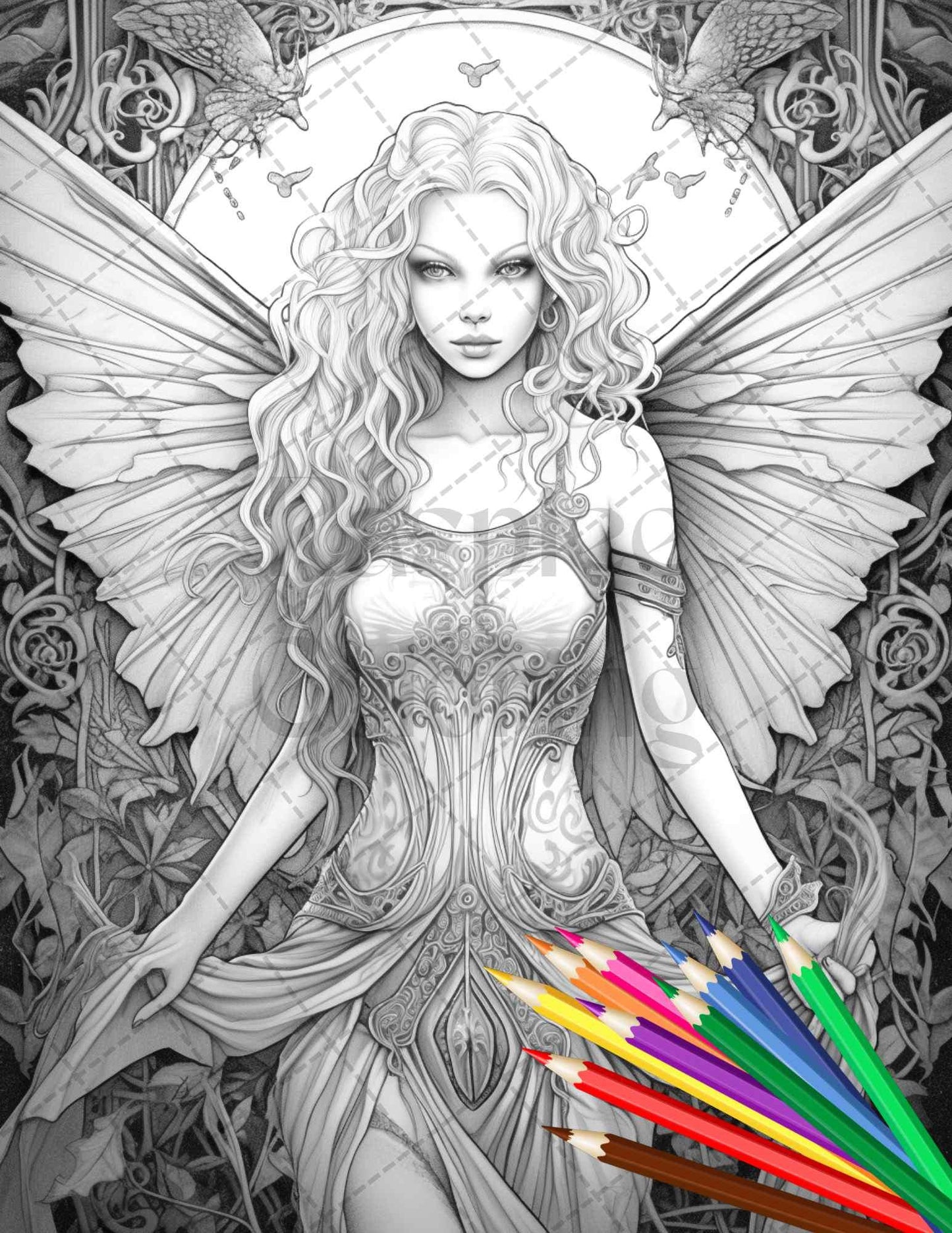Beautiful Dark Fairy Grayscale Coloring Pages Printable for Adults, PDF File Instant Download