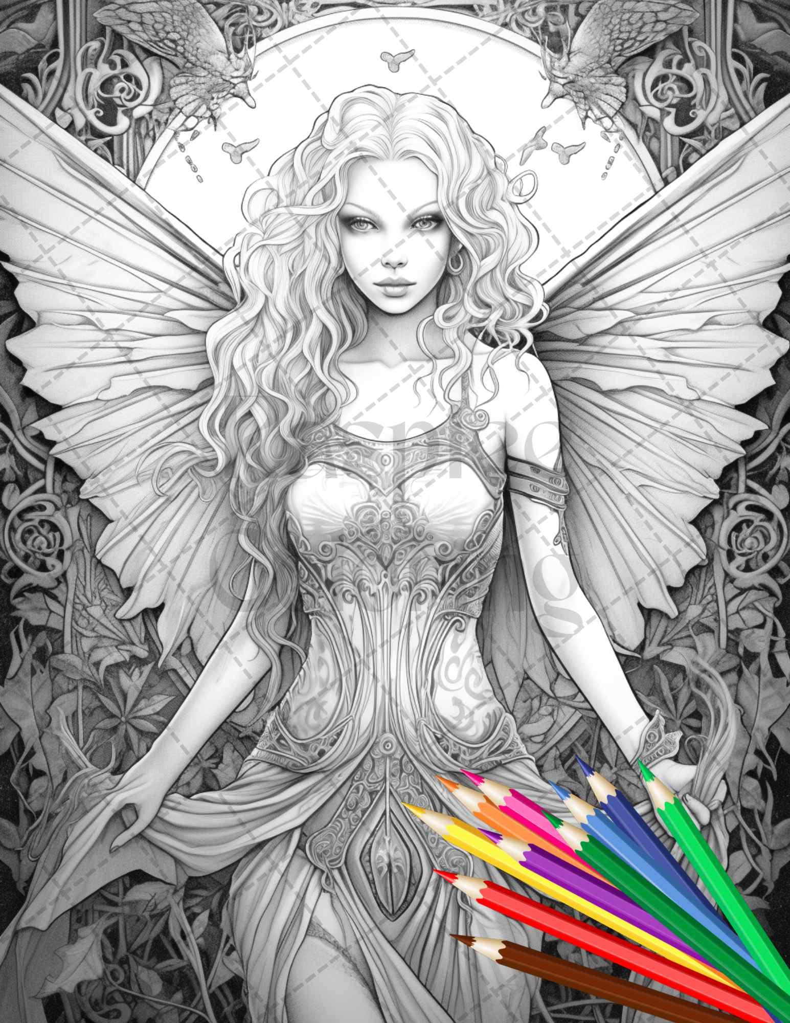 Beautiful Dark Fairy Grayscale Coloring Pages Printable for Adults, PDF File Instant Download