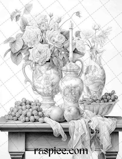 52 Still Life Grayscale Coloring Pages Printable for Adults, PDF File Instant Download