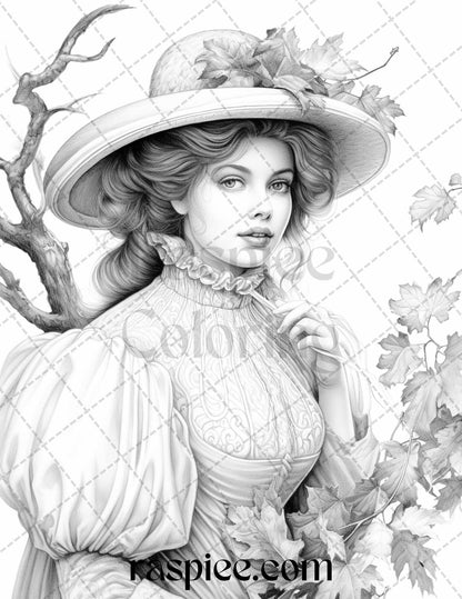 60 Victorian Autumn Portrait Grayscale Coloring Pages Printable for Adults, PDF File Instant Download