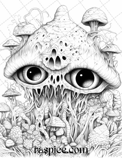 53 Surreal Creatures Grayscale Coloring Pages for Adults, Printable PDF File Instant Download