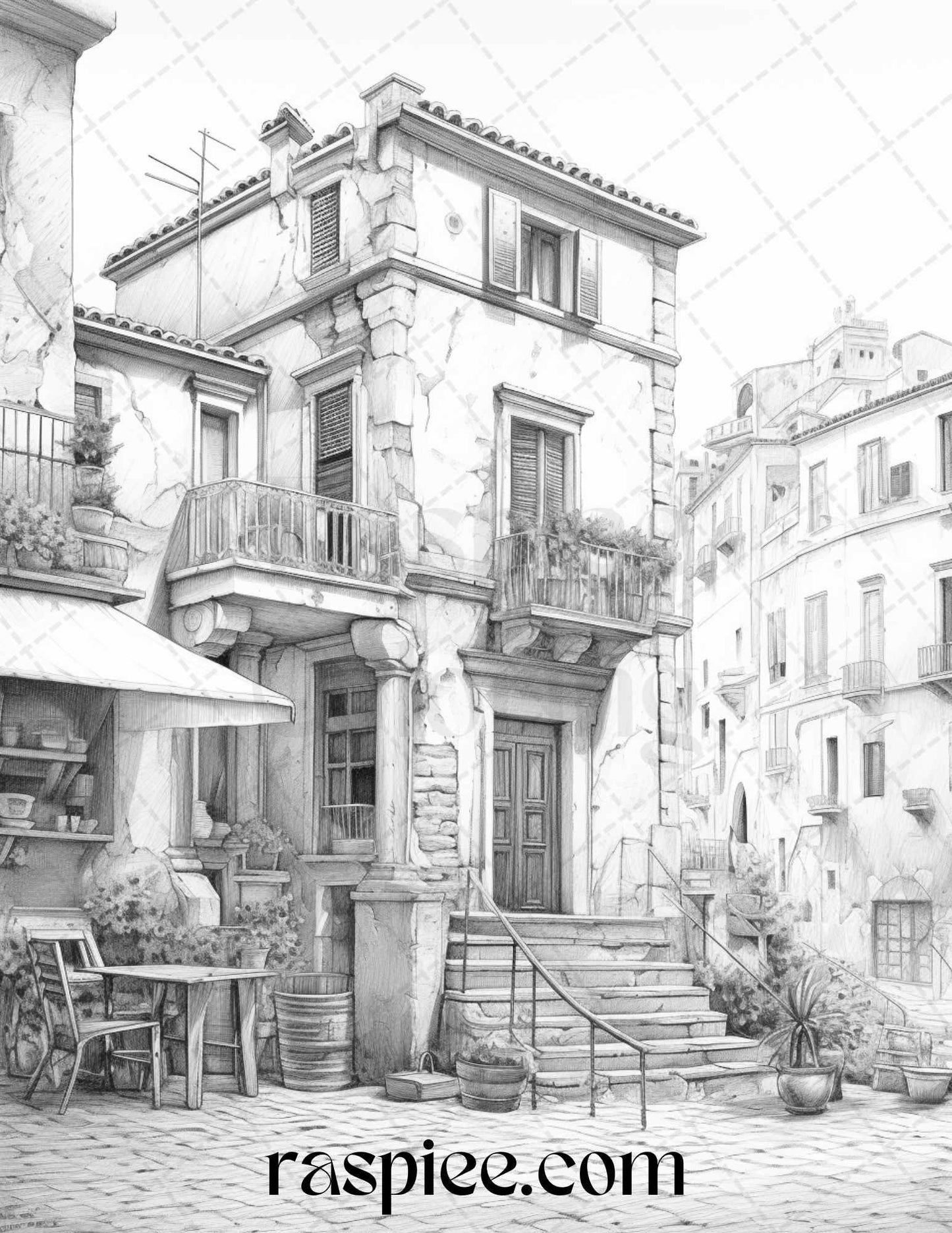 Roman Architecture Grayscale Coloring Pages Printable for Adults, PDF File Instant Download
