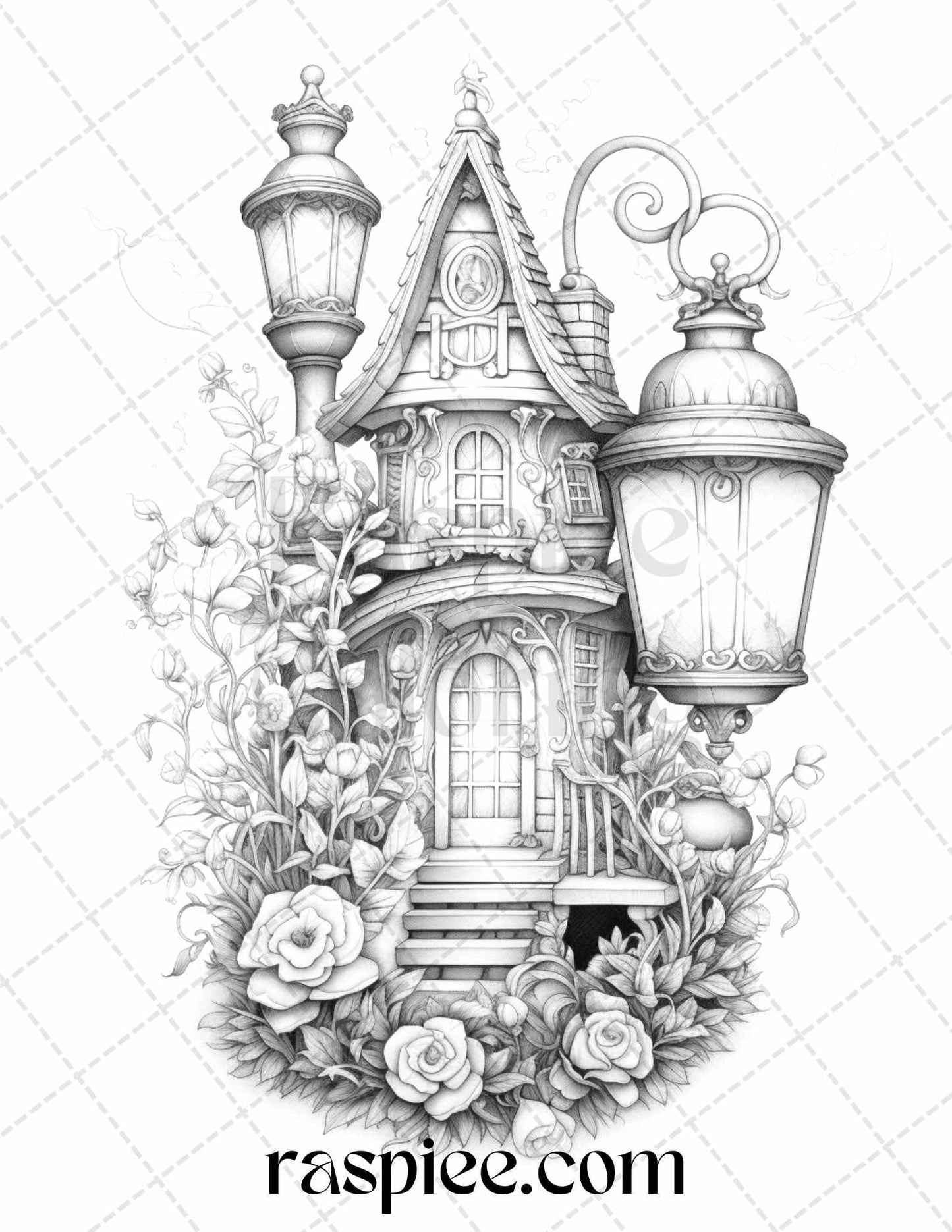 50 Lantern Fairy Houses Grayscale Coloring Pages Printable for Adults, PDF File Instant Download