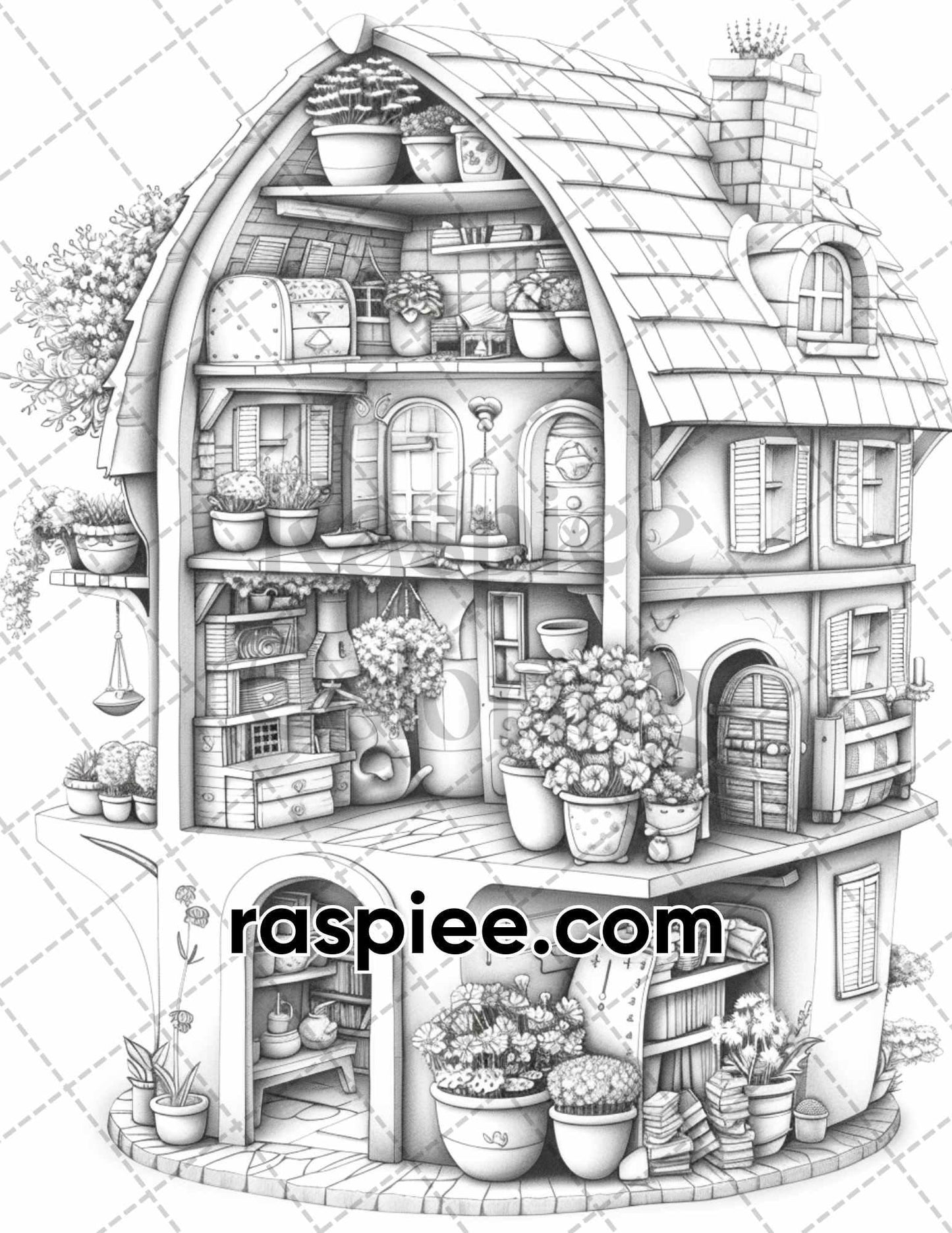 60 Isometric House Grayscale Adult Coloring Pages, Printable PDF Instant Download