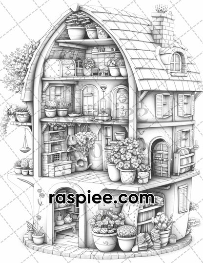 60 Isometric House Grayscale Adult Coloring Pages, Printable PDF Instant Download