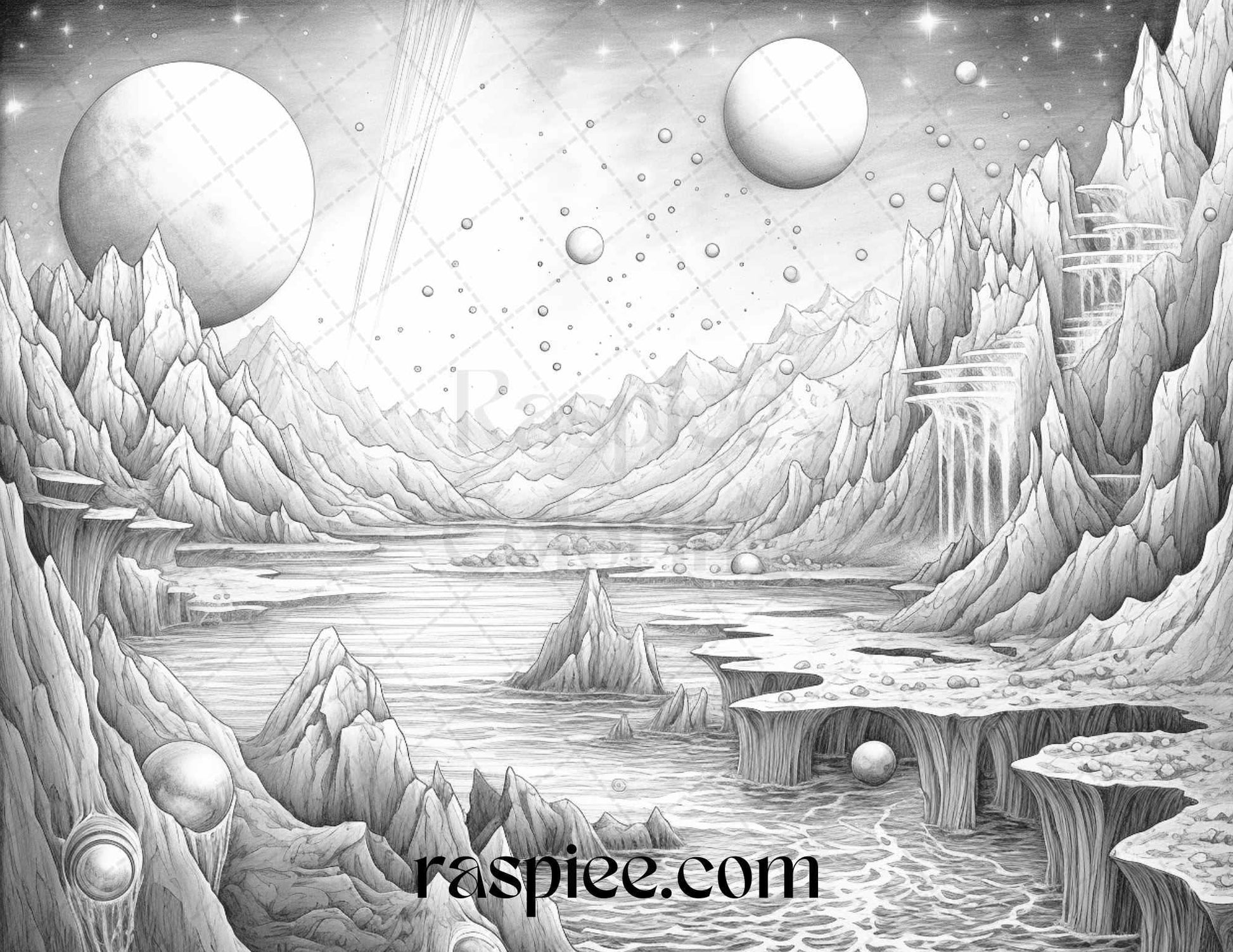 55 Celestial Landscapes Grayscale Coloring Pages Printable for Adults, PDF File Instant Download