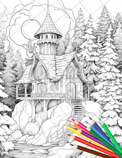 63 Winter Fairy Houses Grayscale Coloring Pages Printable for Adults, PDF File Instant Download