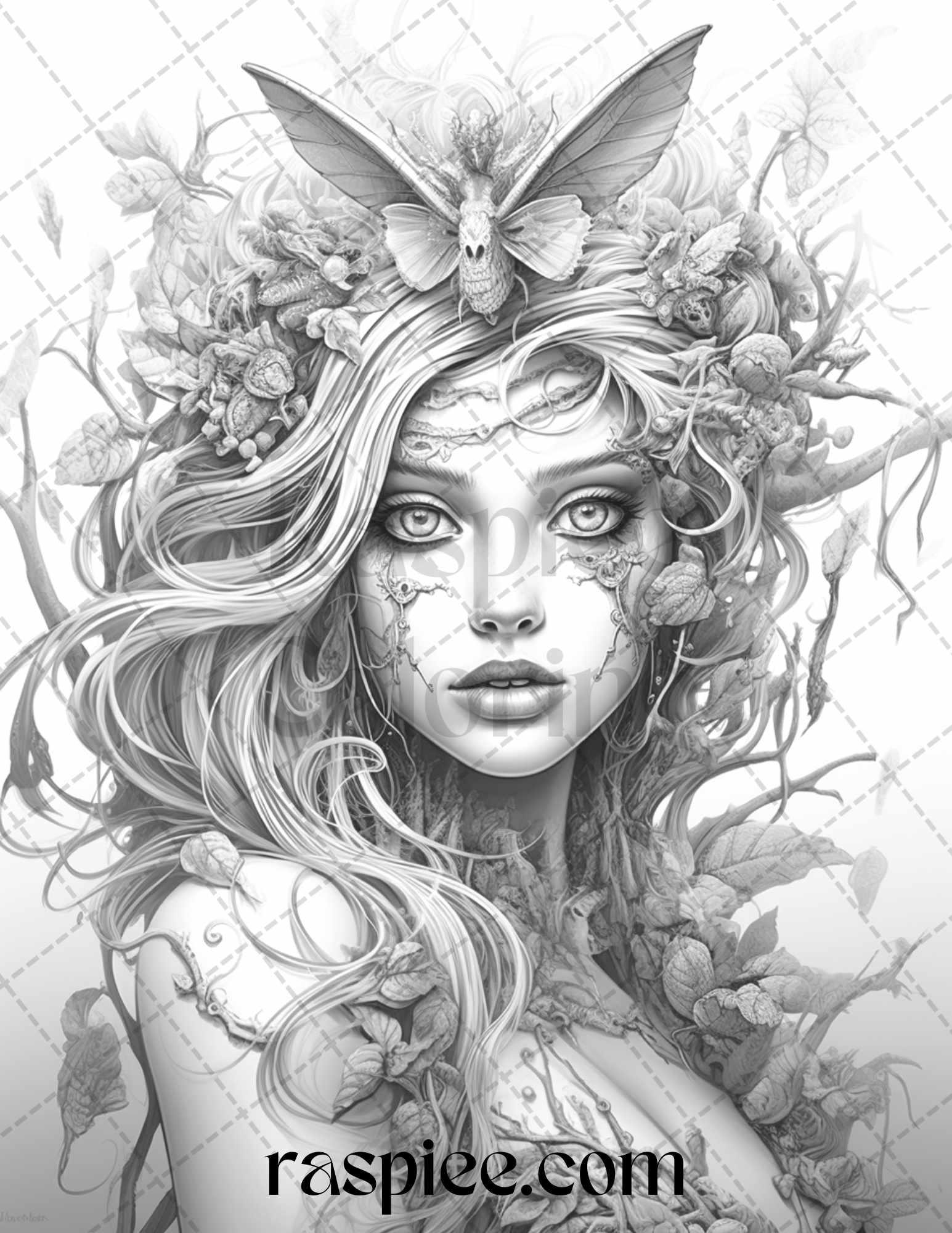 60 Halloween Zombie Fairy Grayscale Coloring Pages Printable for Adults, PDF File Instant Download