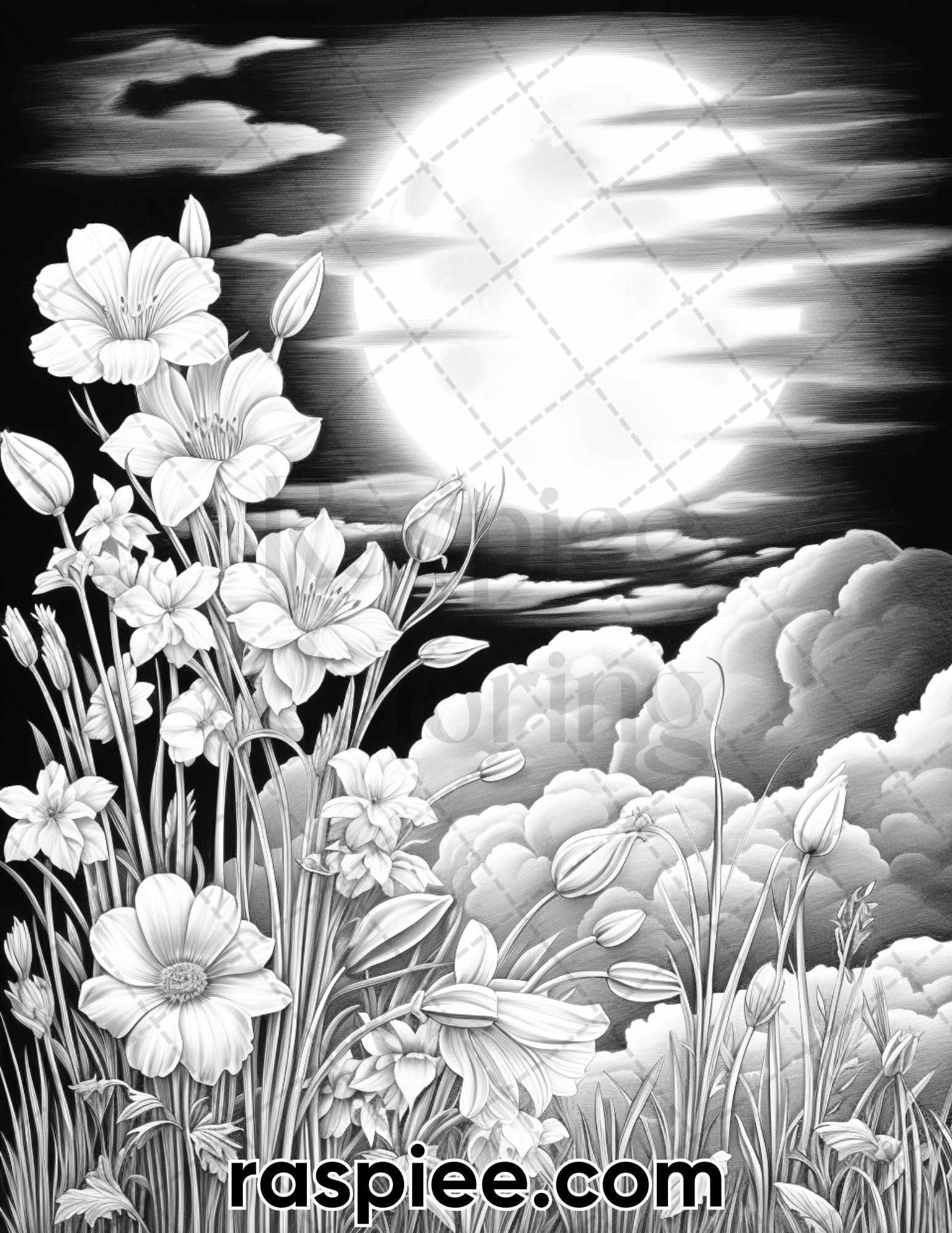50 Flowers Under Moonlight Grayscale Coloring Pages for Adults, Printable PDF Instant Download