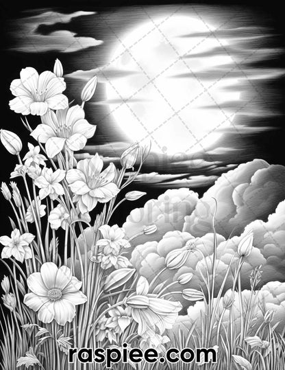 50 Flowers Under Moonlight Grayscale Coloring Pages for Adults, Printable PDF Instant Download