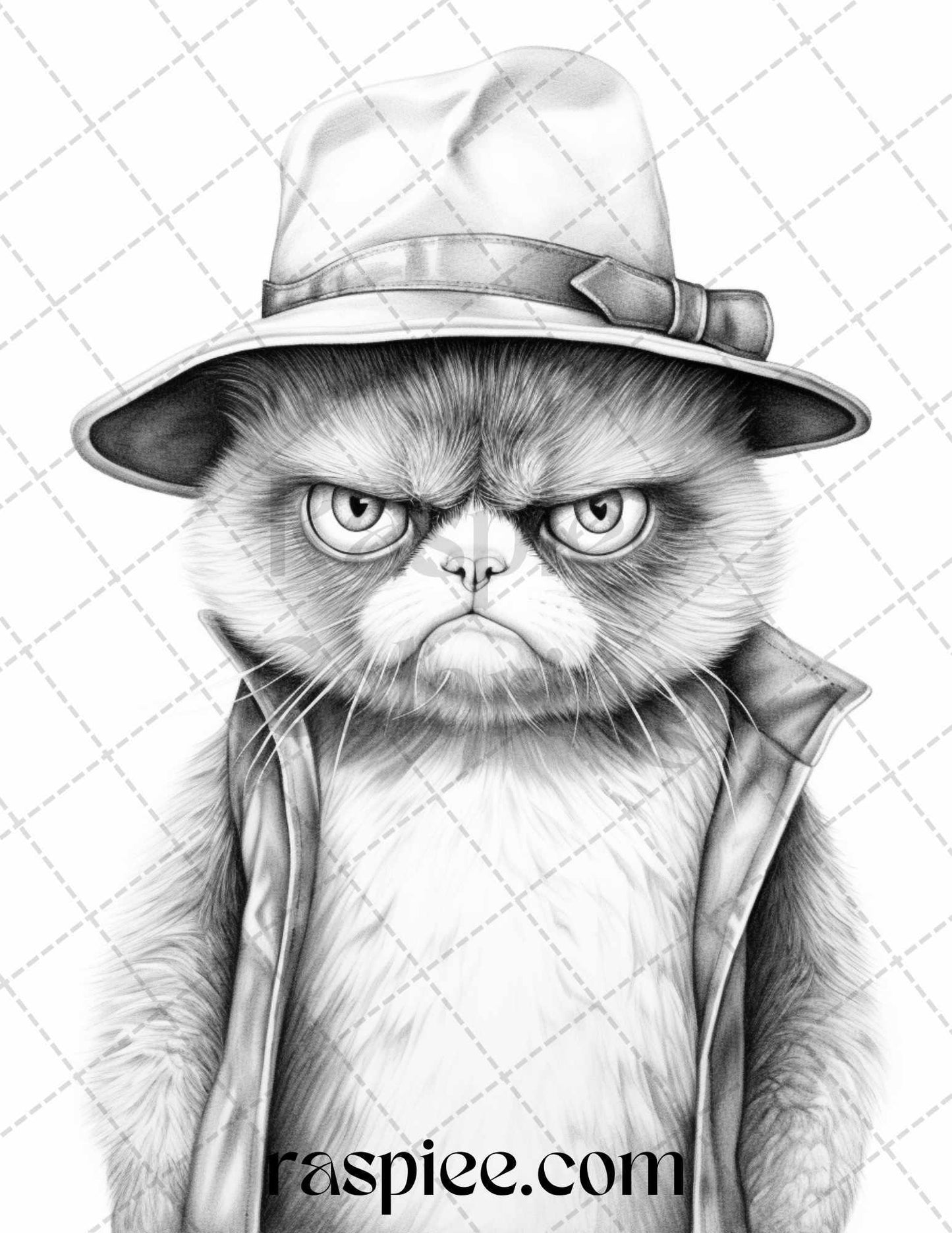 50 Grumpy Cat Grayscale Coloring Pages Printable for Adults, PDF File Instant Download
