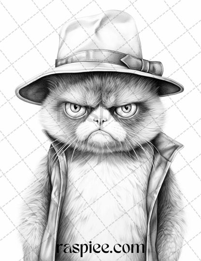 50 Grumpy Cat Grayscale Coloring Pages Printable for Adults, PDF File Instant Download