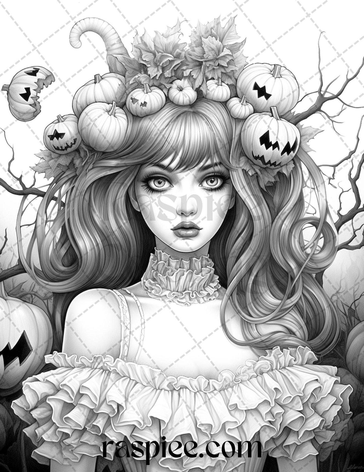 55 Halloween Girls Grayscale Coloring Pages Printable for Adults, PDF File Instant Download