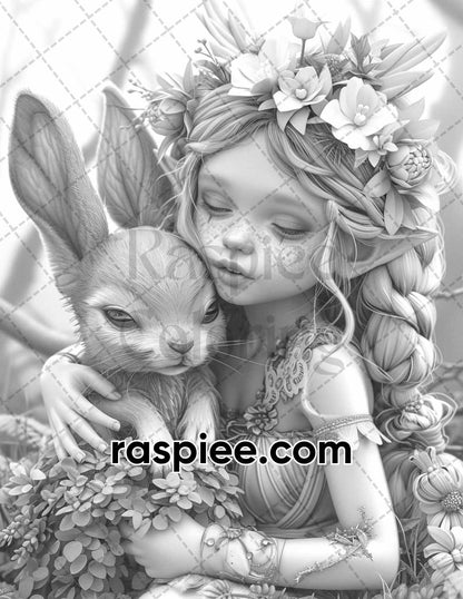 52 Elves Animal Kingdom Grayscale Adult Coloring Pages, Printable PDF Instant Download