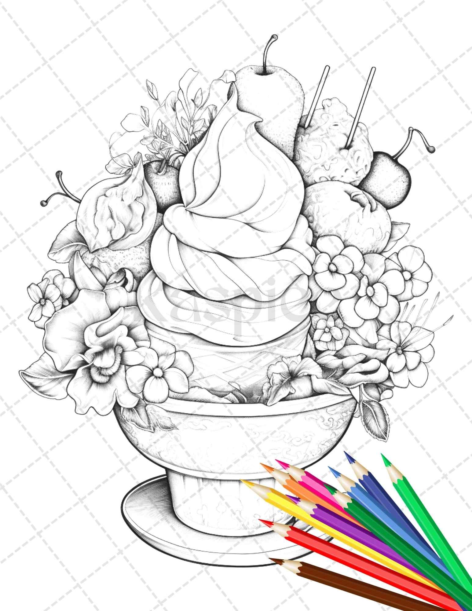 52 Printable Ice Cream Desserts Coloring Pages for Adults and Kids, Grayscale Coloring Page, PDF File Instant Download