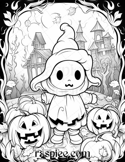 50 Halloween Cute Ghosts Grayscale Coloring Printable for Adults Kids, PDF File Instant Download