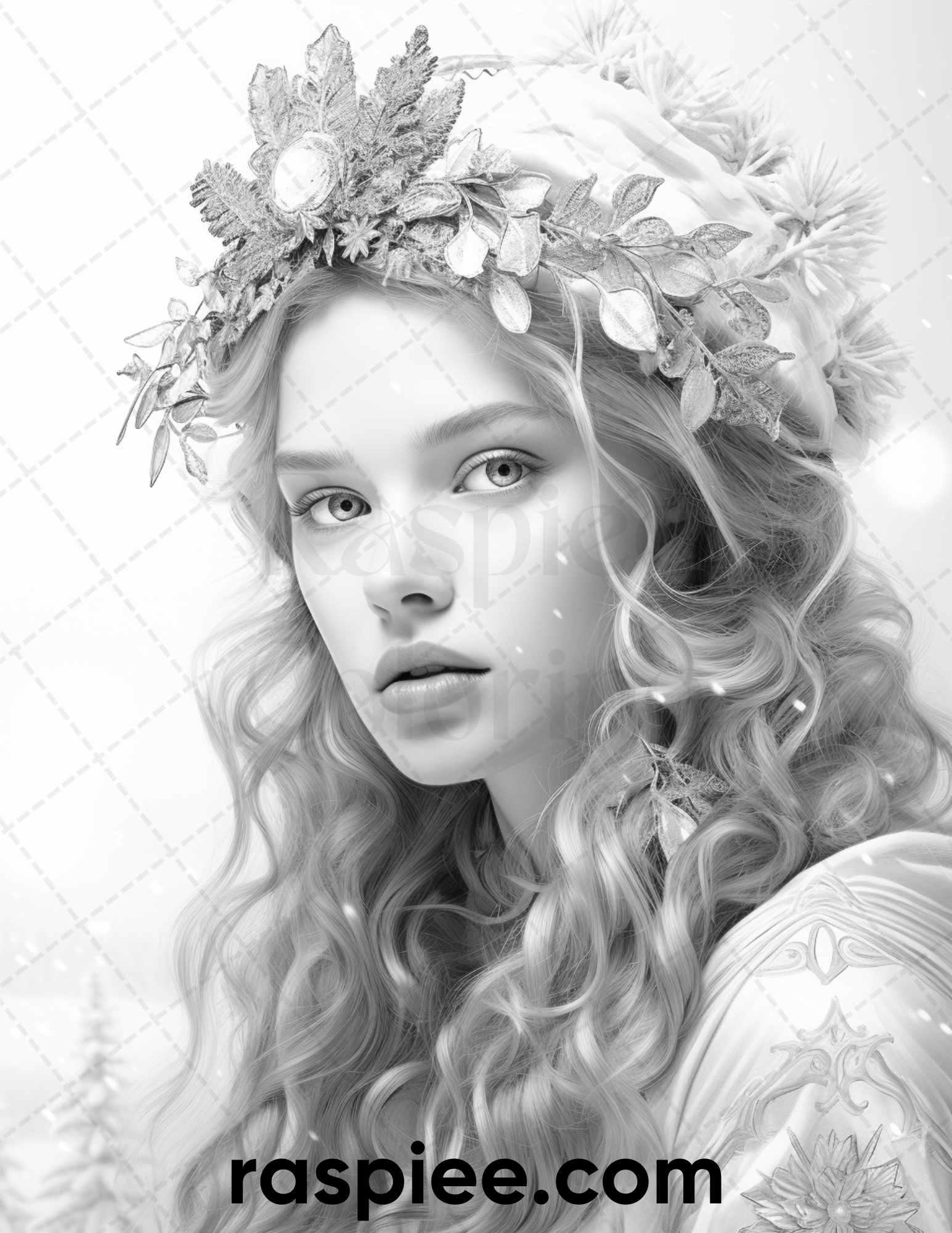 50 Winter Queens Portrait Grayscale Coloring Pages Printable for Adults, PDF File Instant Download