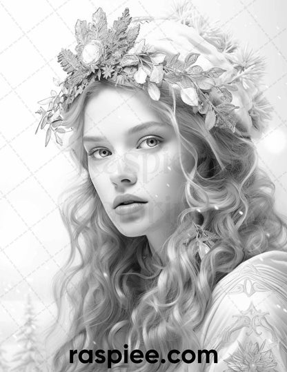 50 Winter Queens Portrait Grayscale Coloring Pages Printable for Adults, PDF File Instant Download