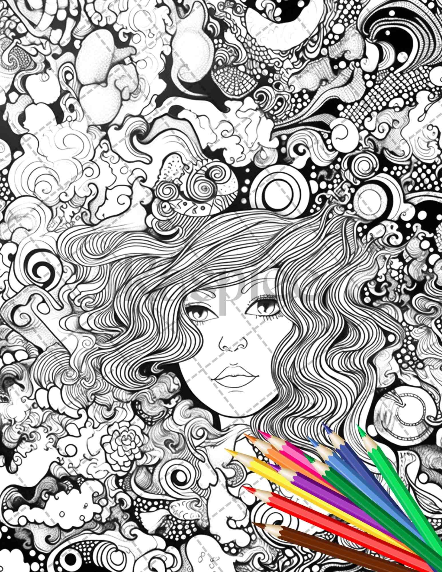 Psychedelic Trippy Coloring Book Printable for Adults, Grayscale Coloring Page, PDF File Instant Download