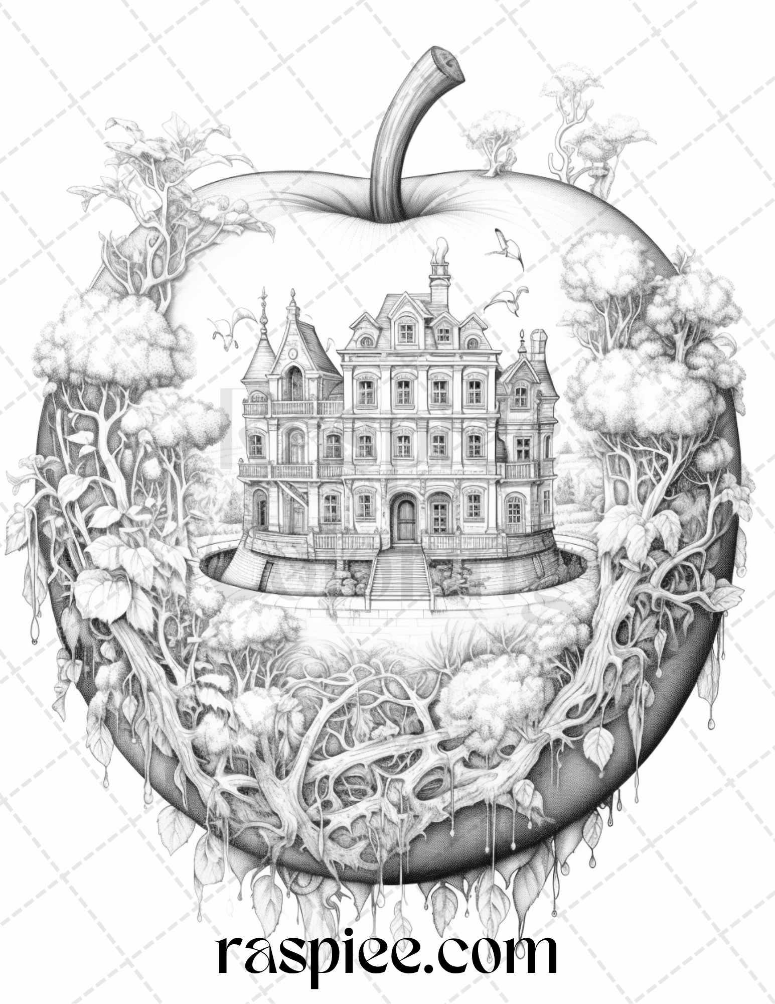 60 Miniworld in the Apple Grayscale Coloring Pages Printable for Adults, PDF File Instant Download