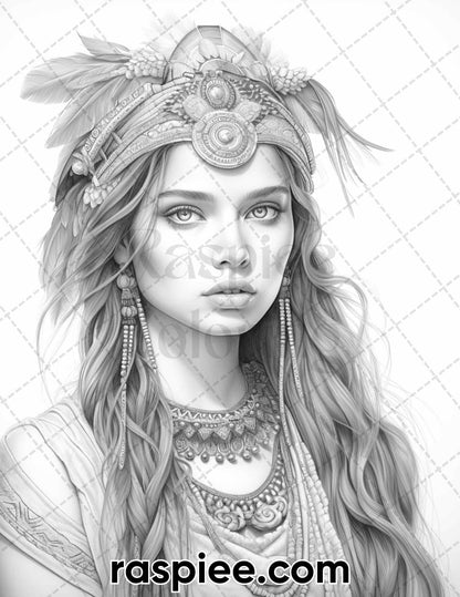 60 Bohemian Beauties Grayscale Coloring Pages for Adults, Printable PDF Instant Download