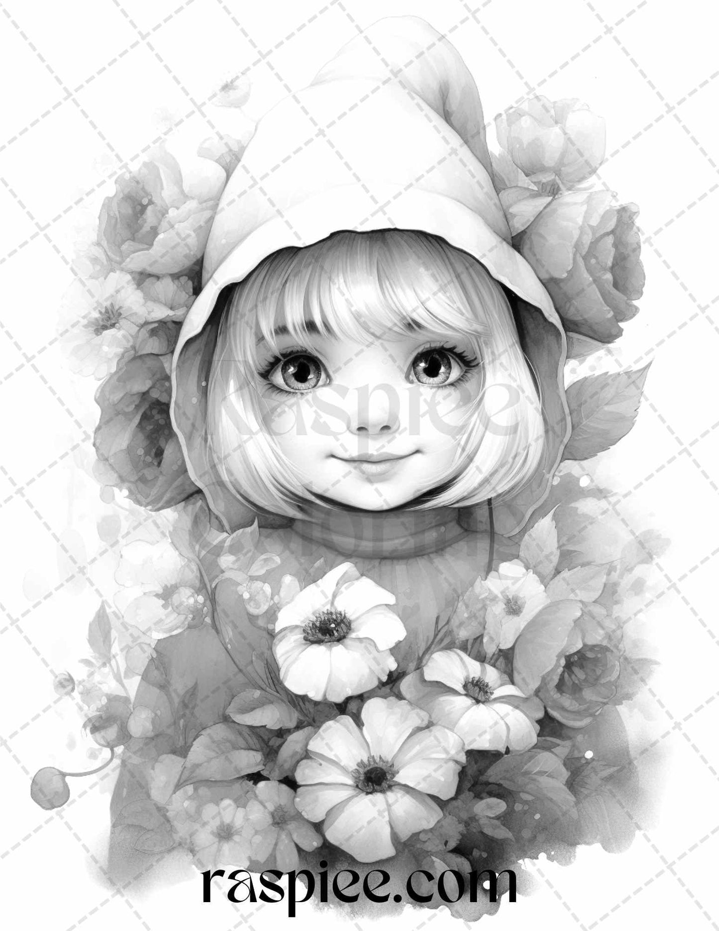50 Flower Gnomes Grayscale Coloring Pages Printable for Adults Kids, PDF File Instant Download