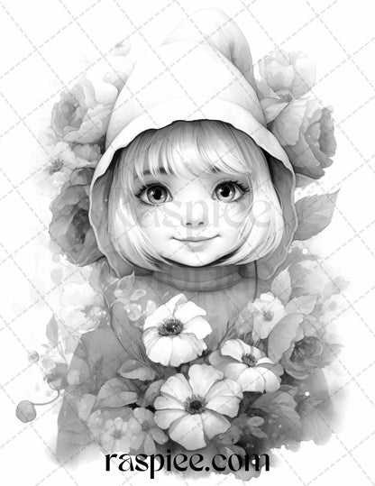 50 Flower Gnomes Grayscale Coloring Pages Printable for Adults Kids, PDF File Instant Download