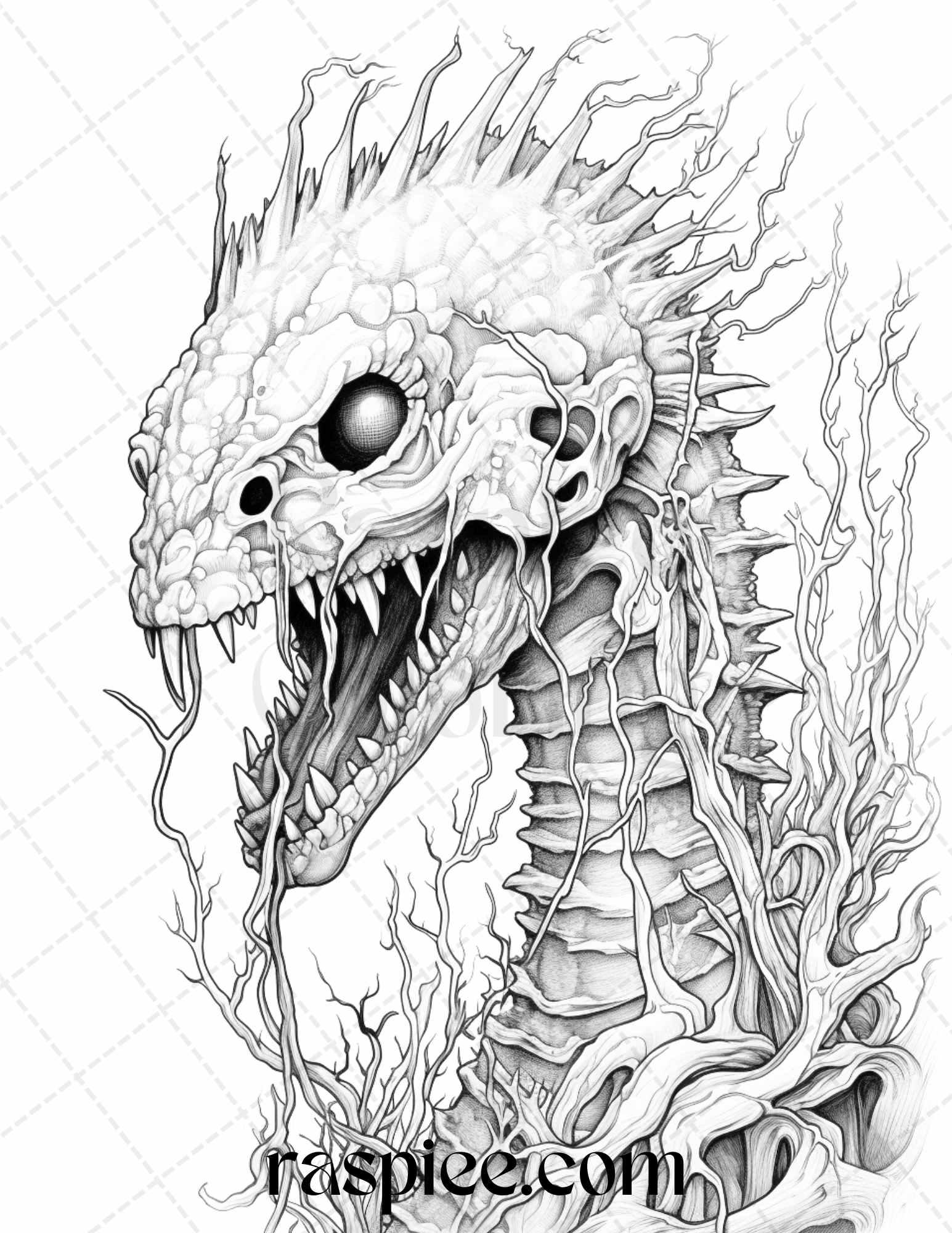 66 Horror Zombie Animals Grayscale Coloring Pages Printable for Adults, PDF File Instant Download