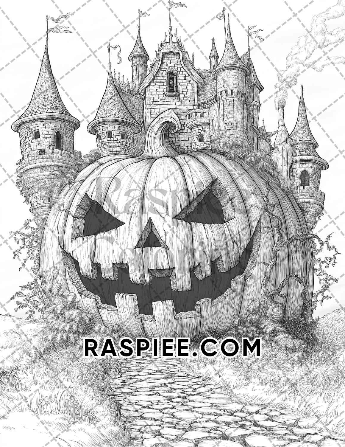 Fantasy Giant Pumpkin Castles Adult Coloring Pages Printable PDF Instant Download