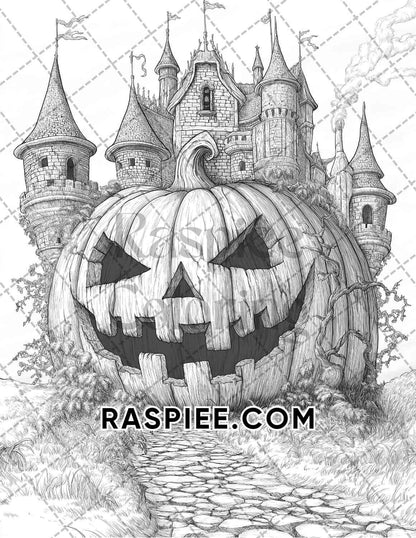 Fantasy Giant Pumpkin Castles Adult Coloring Pages Printable PDF Instant Download
