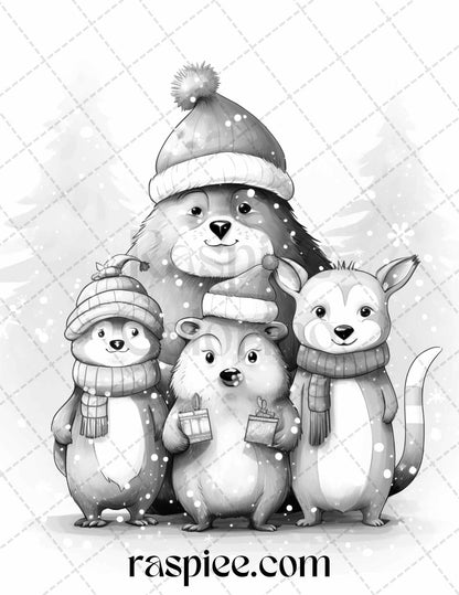 70 Christmas Critters Grayscale Coloring Pages Printable for Adults and Kids, PDF File Instant Download