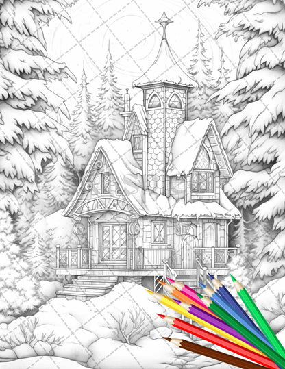 63 Winter Fairy Houses Grayscale Coloring Pages Printable for Adults, PDF File Instant Download
