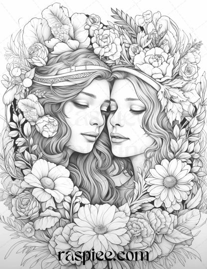 50 Romantic Couple Flowers Grayscale Coloring Pages Printable for Adults, PDF File Instant Download