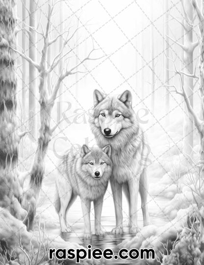 50 Winter Wolf Grayscale Coloring Pages for Adults, Printable PDF Instant Download