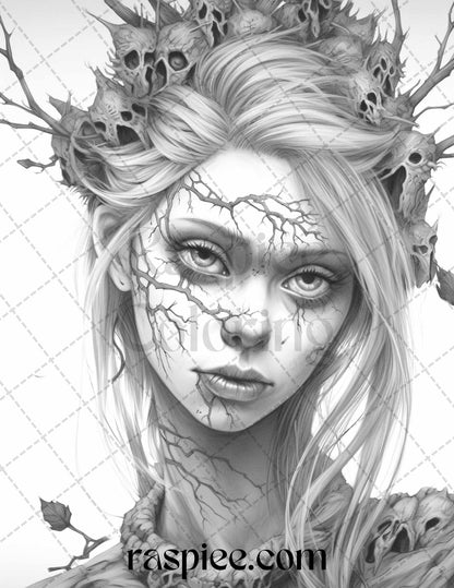 60 Halloween Zombie Fairy Grayscale Coloring Pages Printable for Adults, PDF File Instant Download