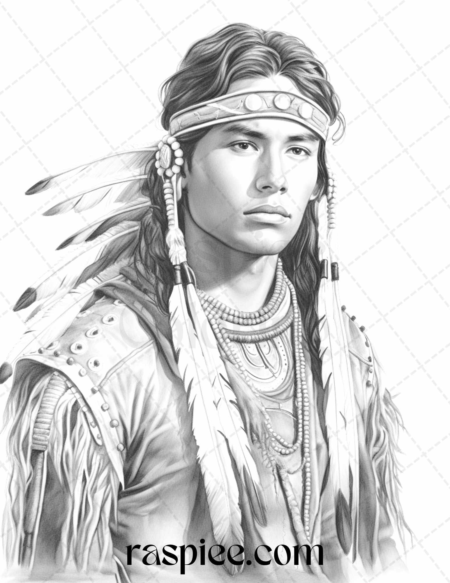 Native American Portrait Grayscale Coloring Pages Printable for Adults, PDF File Instant Download