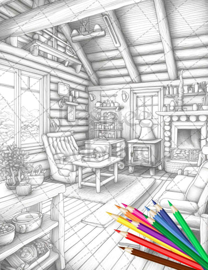 Cozy Cabin Interior Grayscale Coloring Pages Printable for Adults, PDF File Instant Download