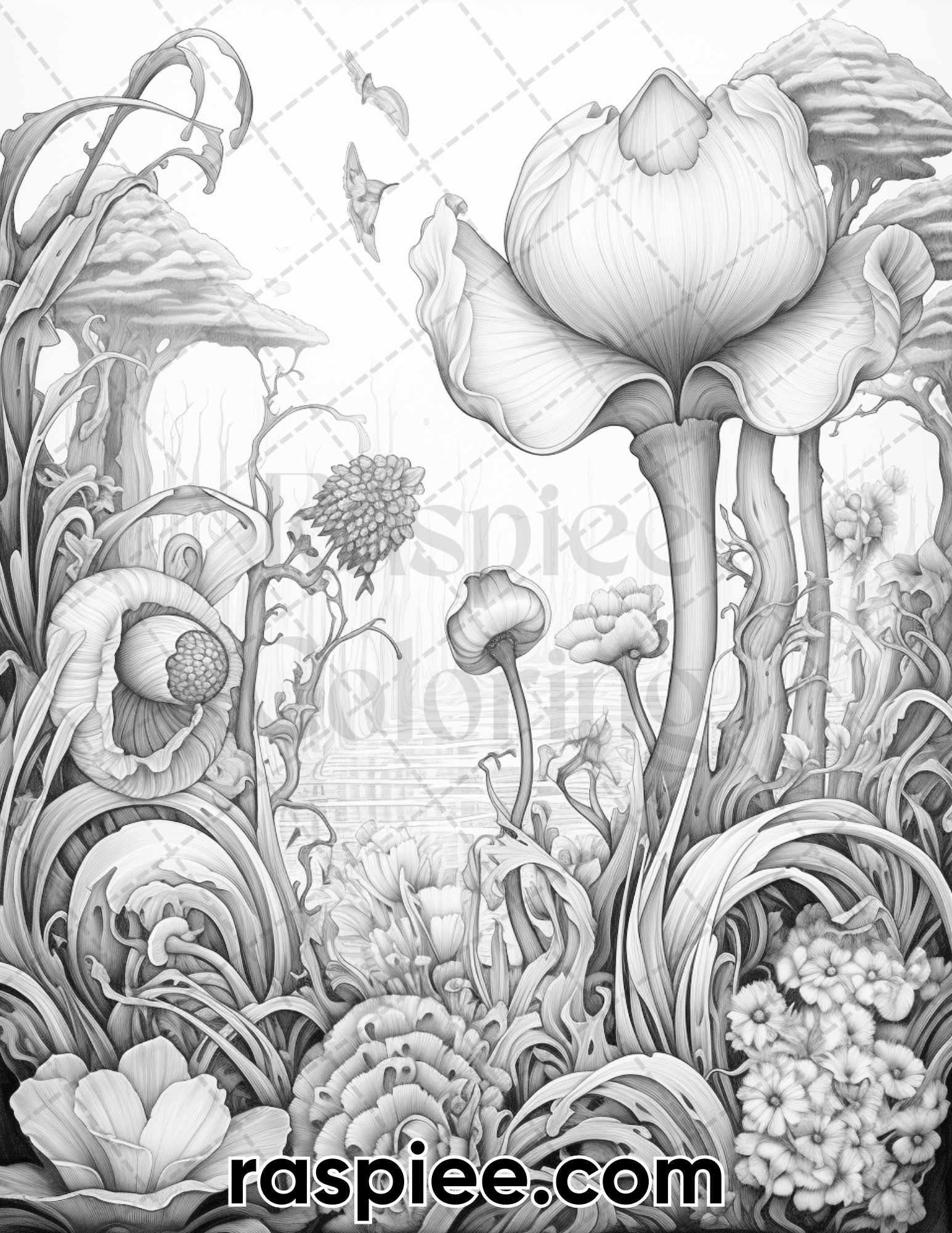 55 Fantasy Flowers Grayscale Coloring Pages for Adults, Printable PDF File Instant Download