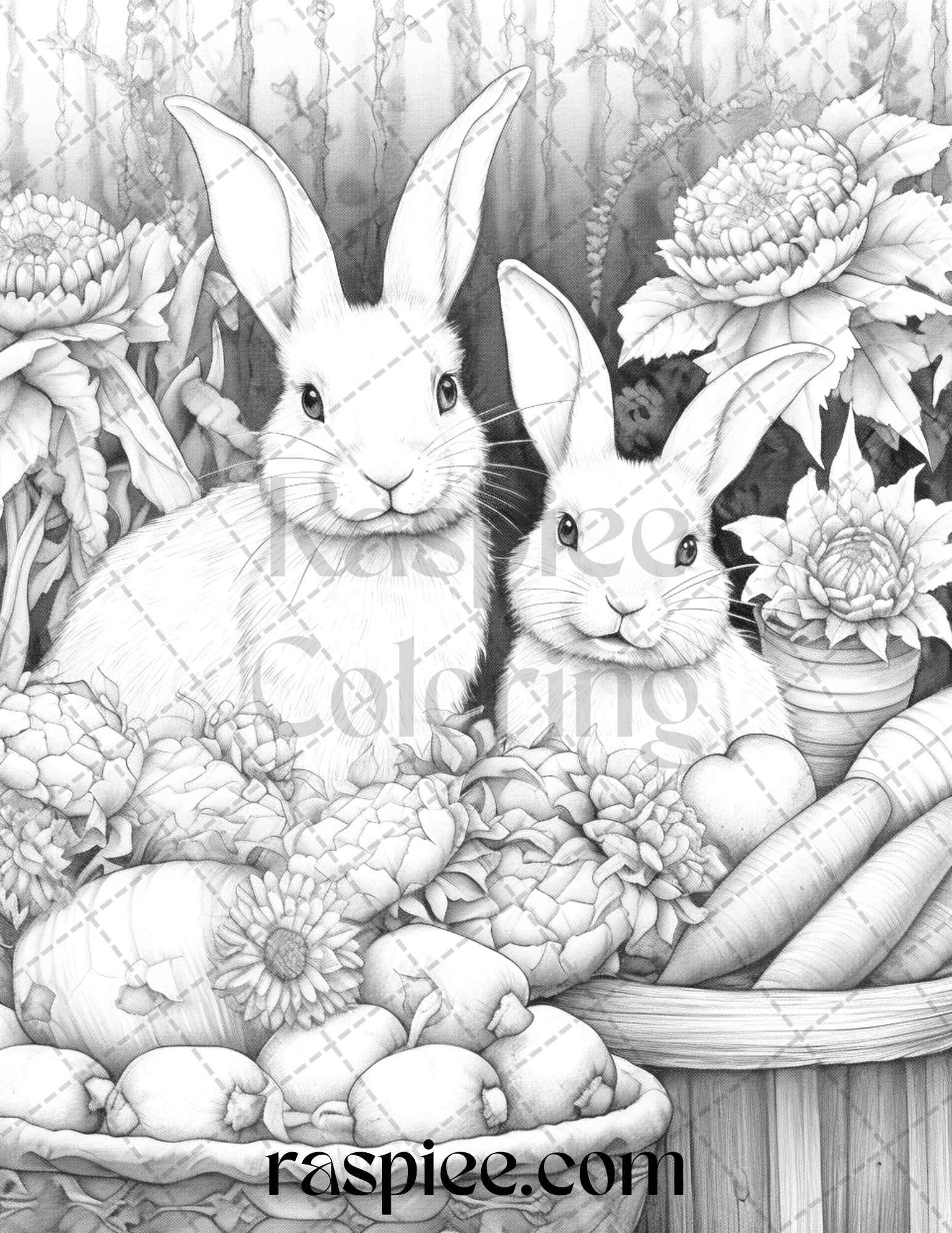 50 Rabbit Garden Grayscale Coloring Pages Printable for Adults, PDF File Instant Download