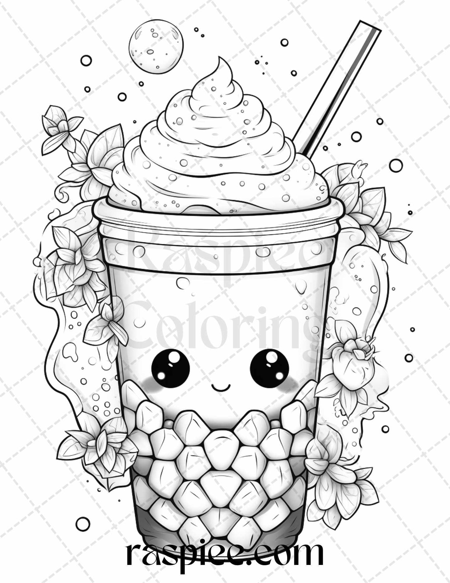 50 Cute Kawaii Boba Tea Grayscale Coloring Pages for Adults and Kids, Printable PDF File Instant Download