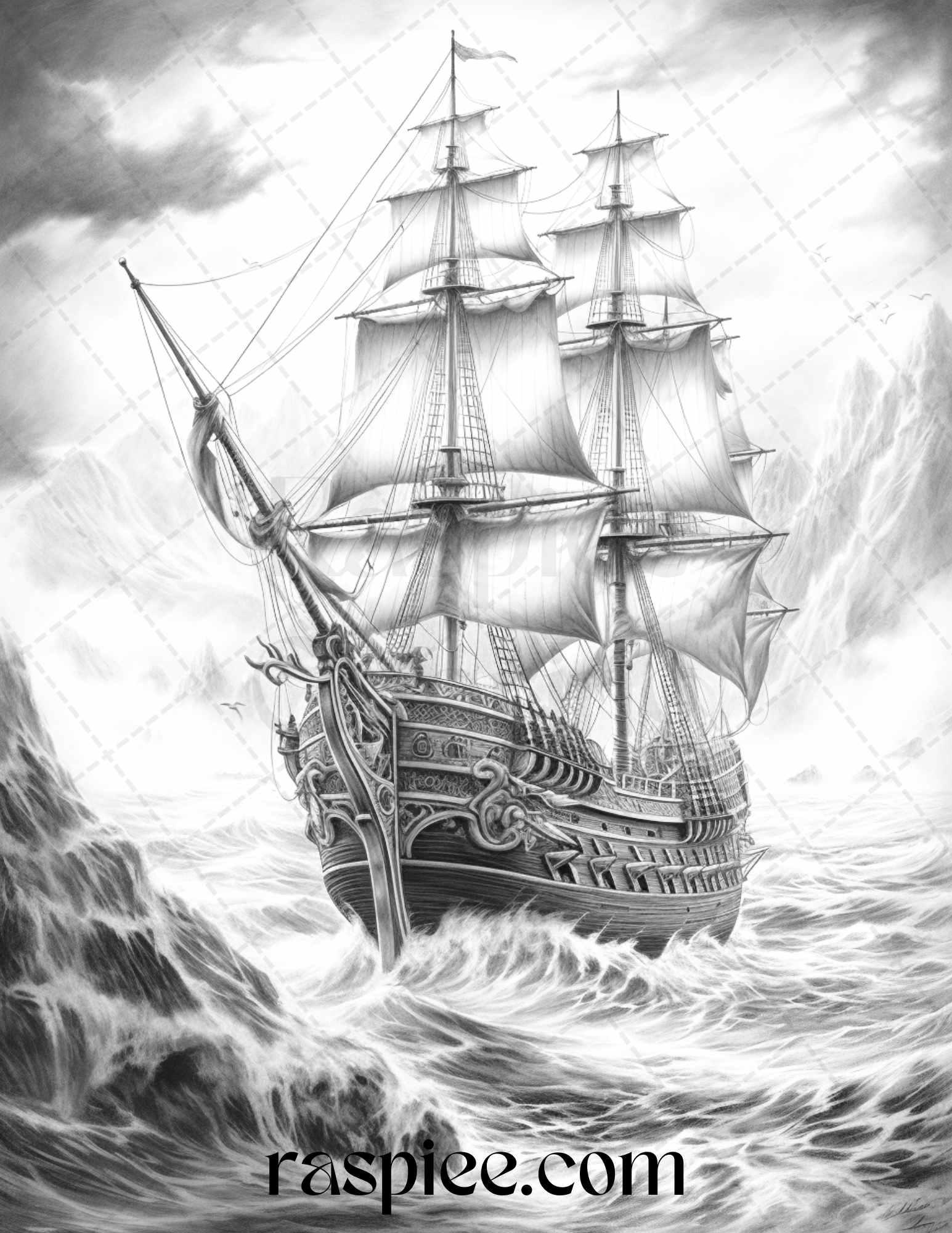 60 Pirate Life Grayscale Coloring Pages Printable for Adults, Stress Relief Coloring, PDF File Instant Download