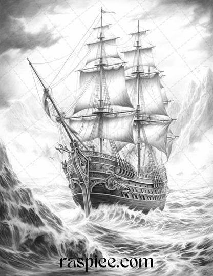 60 Pirate Life Grayscale Coloring Pages Printable for Adults, Stress Relief Coloring, PDF File Instant Download